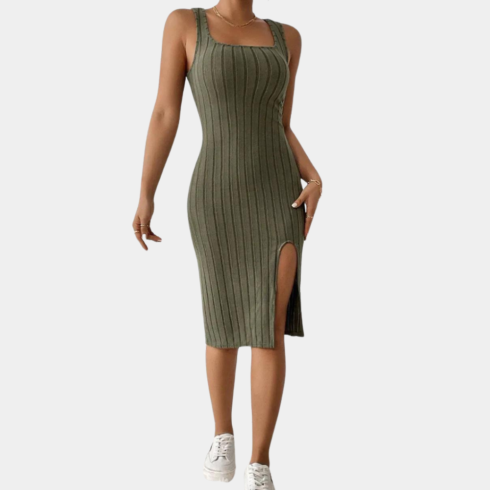Women's casual midi dress ribbed bodycon with side split - elegant for summer occasions