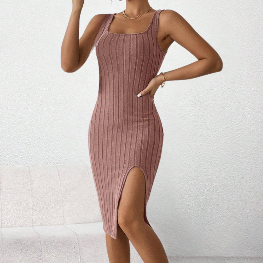 Women's casual midi dress ribbed bodycon with side split - elegant for summer occasions