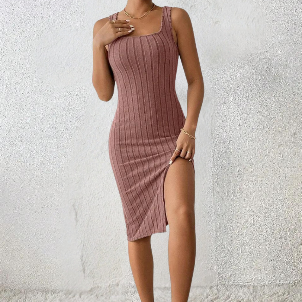 Women's casual midi dress ribbed bodycon with side split - elegant for summer occasions