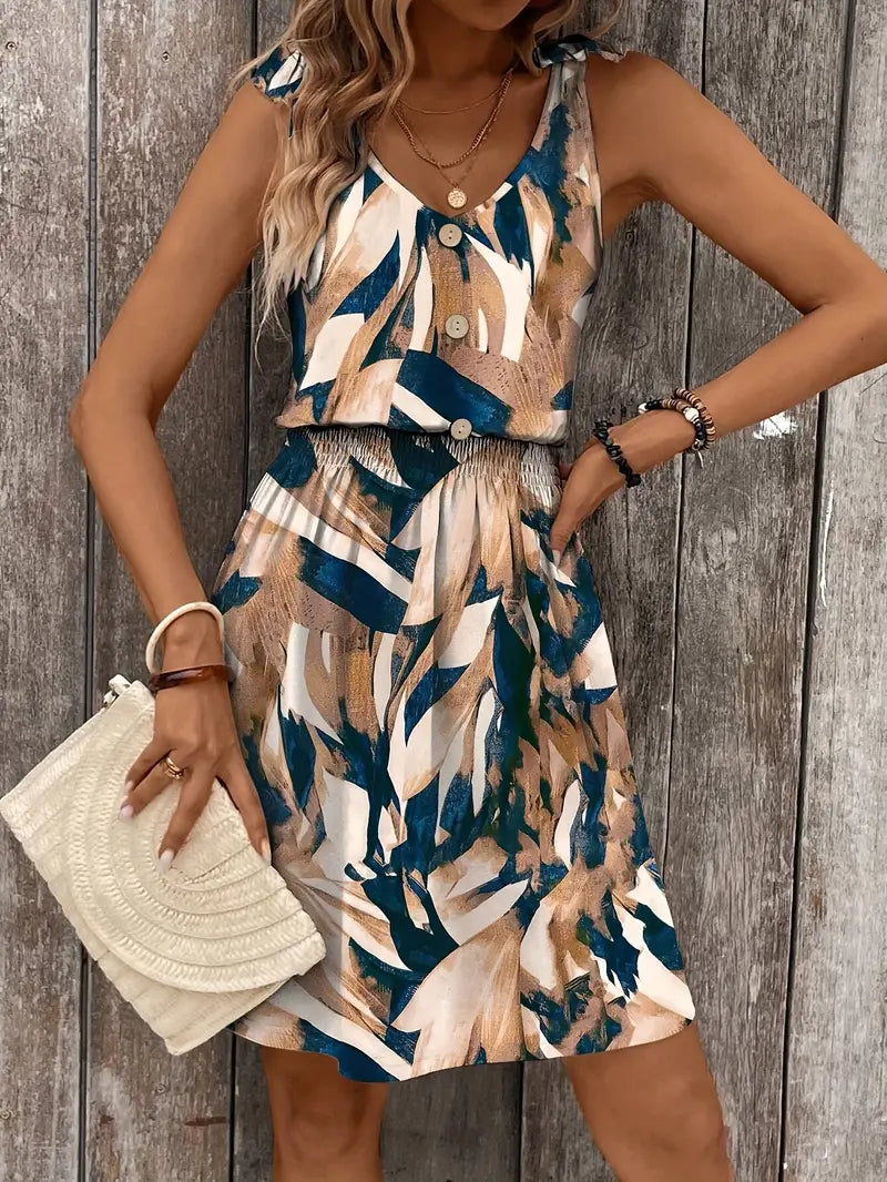 Ladies' casual midi dress sleeveless blue abstract print - ideal for summer outings