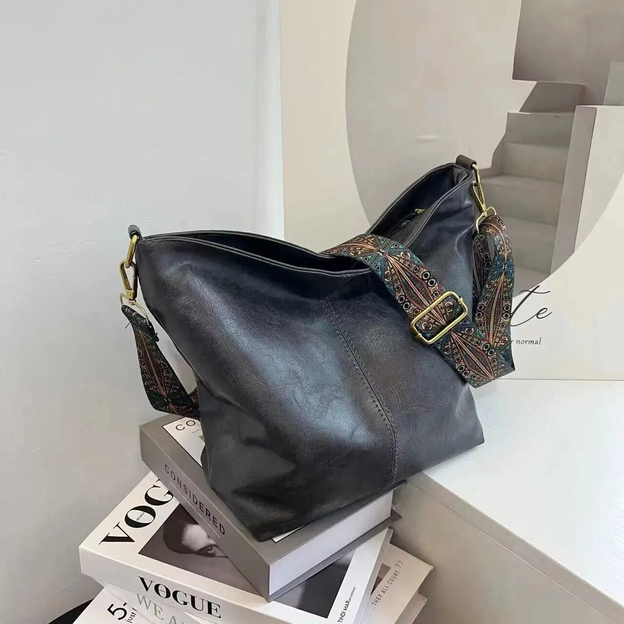 Leather Handbag - Chic Ladies Shoulder Bag With Patterned Strap