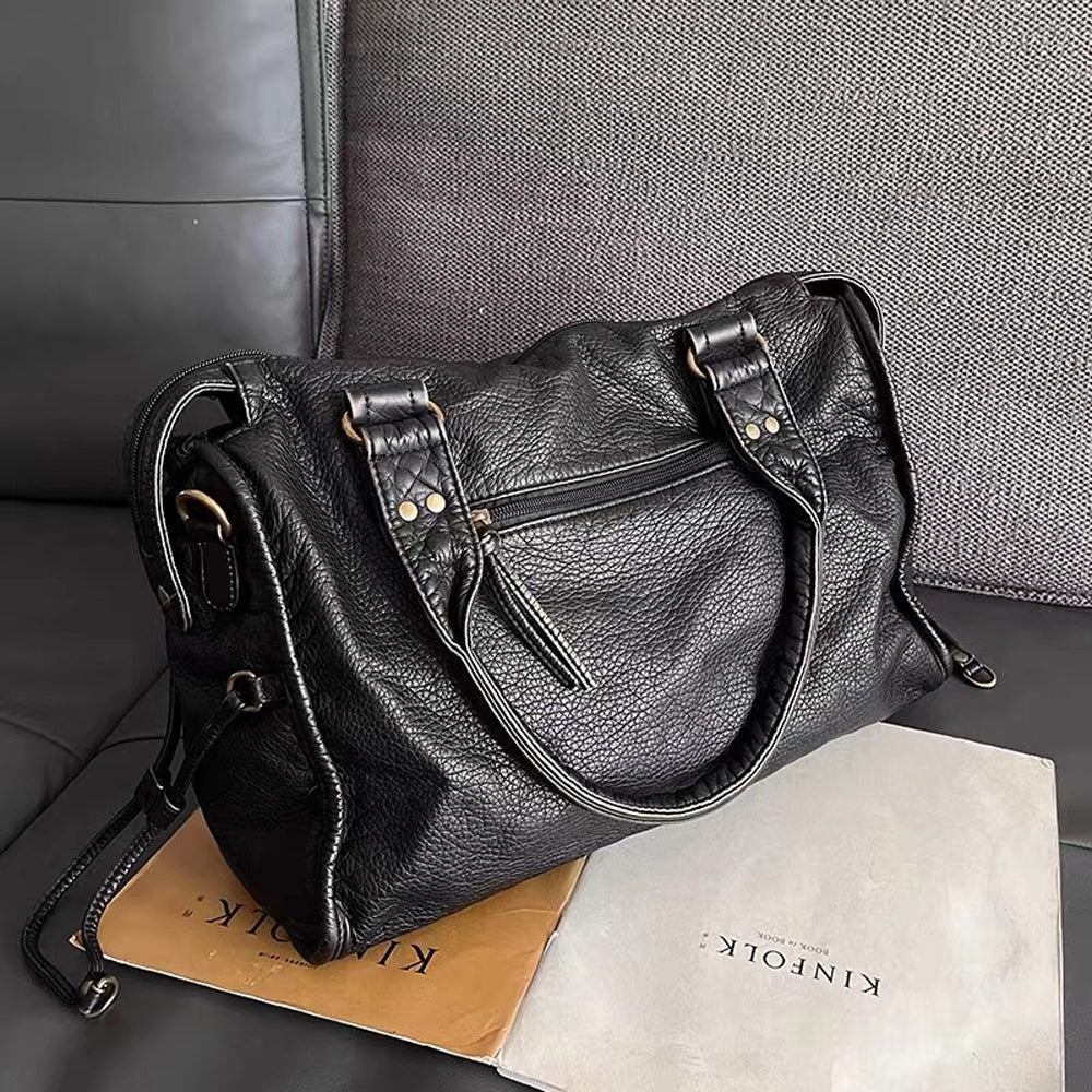 Leather handbag - Black ladies bag with versatile design