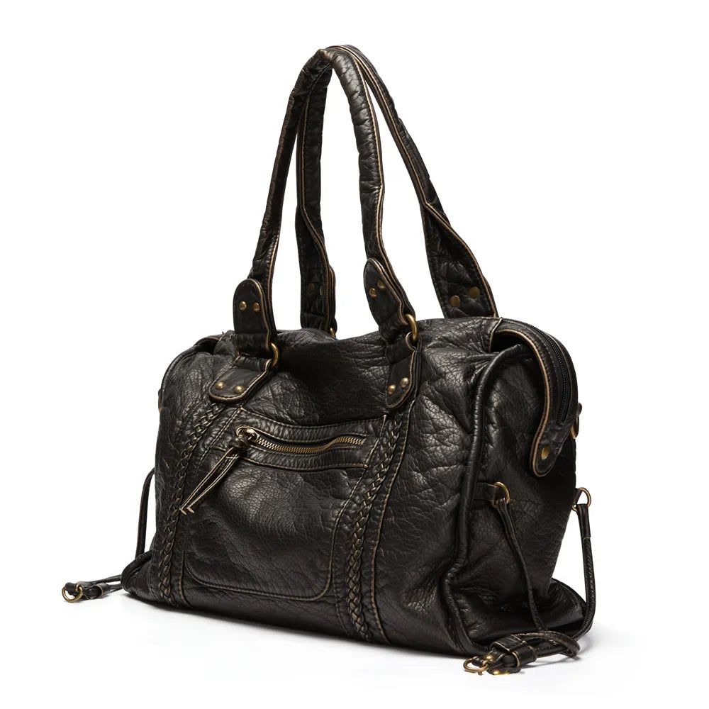 Leather handbag - Black ladies bag with versatile design