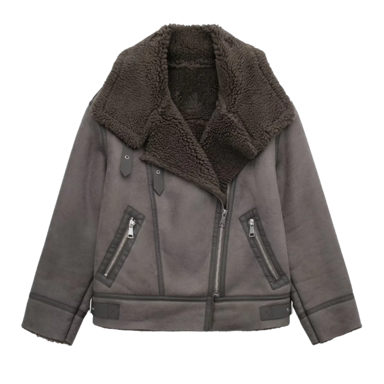 Women'S Aviator Jacket – Grey Faux Shearling Coat – Zip-Up Front – Warm Winter Outerwear