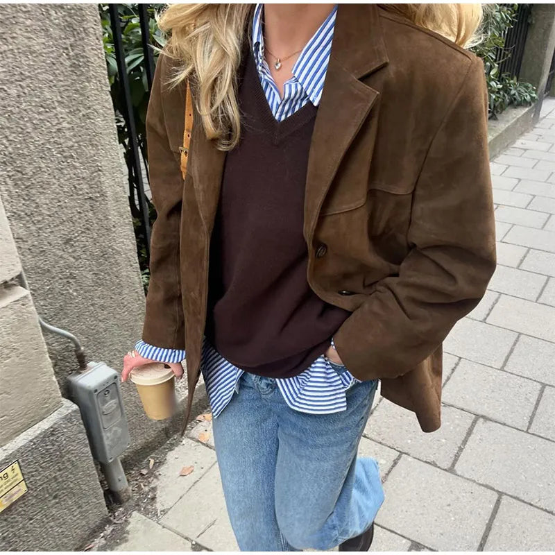 Women'S Brown Coat – Long Sleeve – Button-Up Front – Tailored Fit – Front Flap Pockets