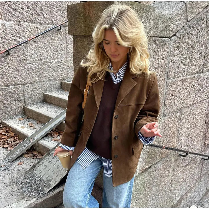Women'S Brown Coat – Long Sleeve – Button-Up Front – Tailored Fit – Front Flap Pockets