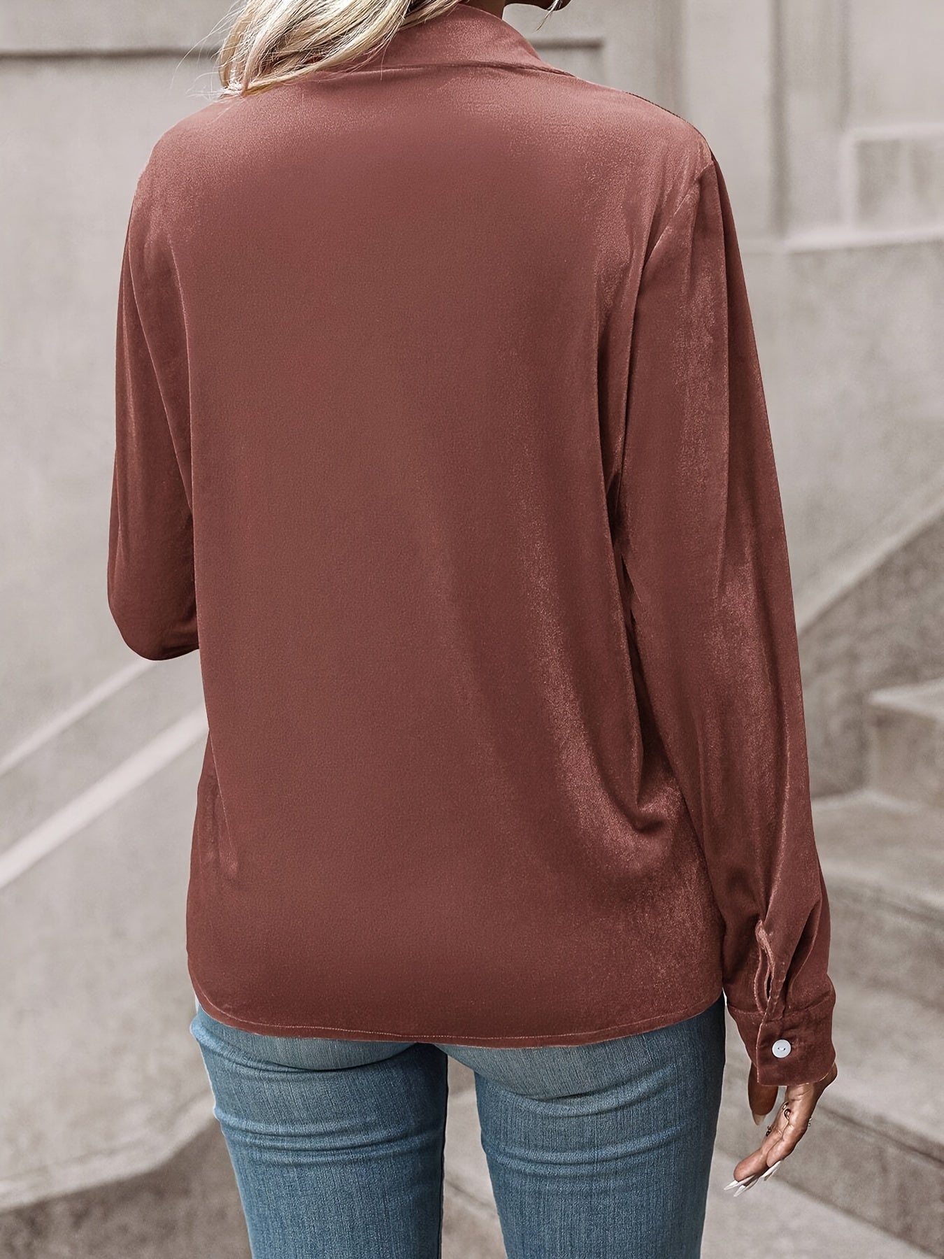 Women'S Chestnut Brown Satin Blouse – Long Sleeves – Button-Up Front – Double Chest Pockets