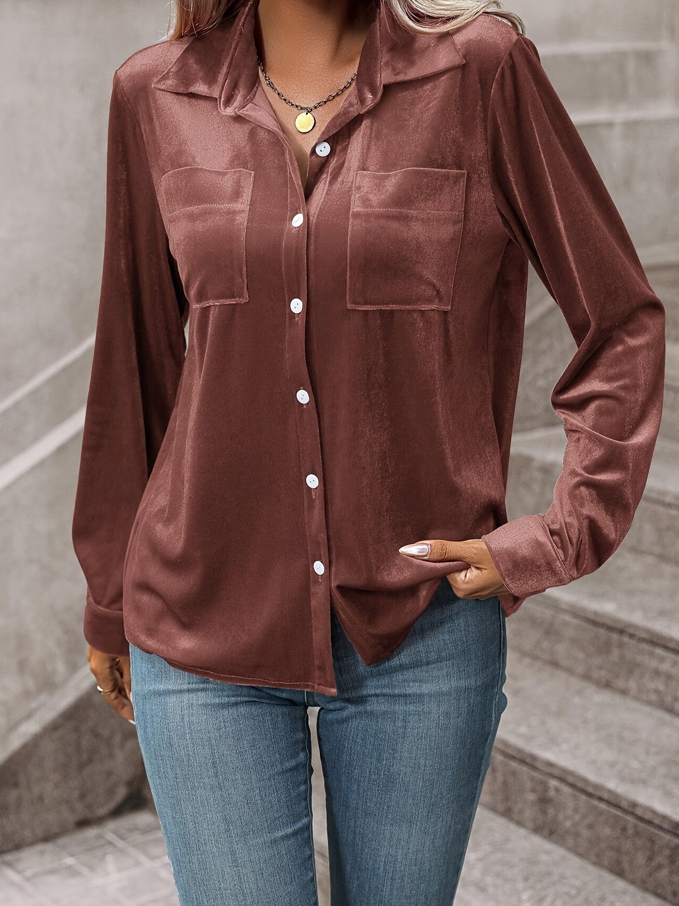 Women'S Chestnut Brown Satin Blouse – Long Sleeves – Button-Up Front – Double Chest Pockets