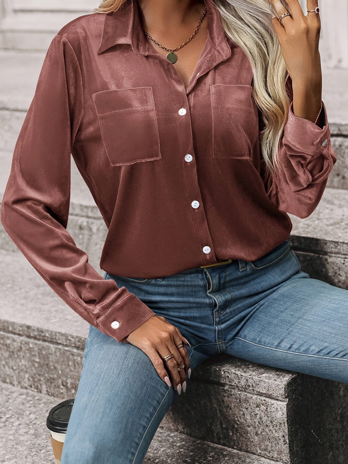 Women'S Chestnut Brown Satin Blouse – Long Sleeves – Button-Up Front – Double Chest Pockets
