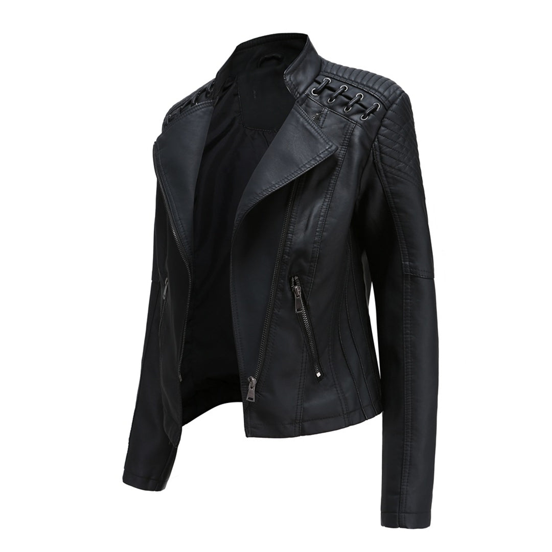 Women'S Faux Leather Biker Jacket – Zip-Up Front – Lace Shoulder Detail – Long Sleeves