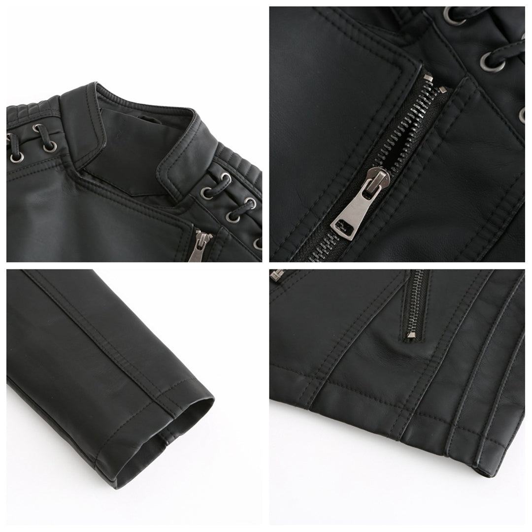 Women'S Faux Leather Biker Jacket – Zip-Up Front – Lace Shoulder Detail – Long Sleeves