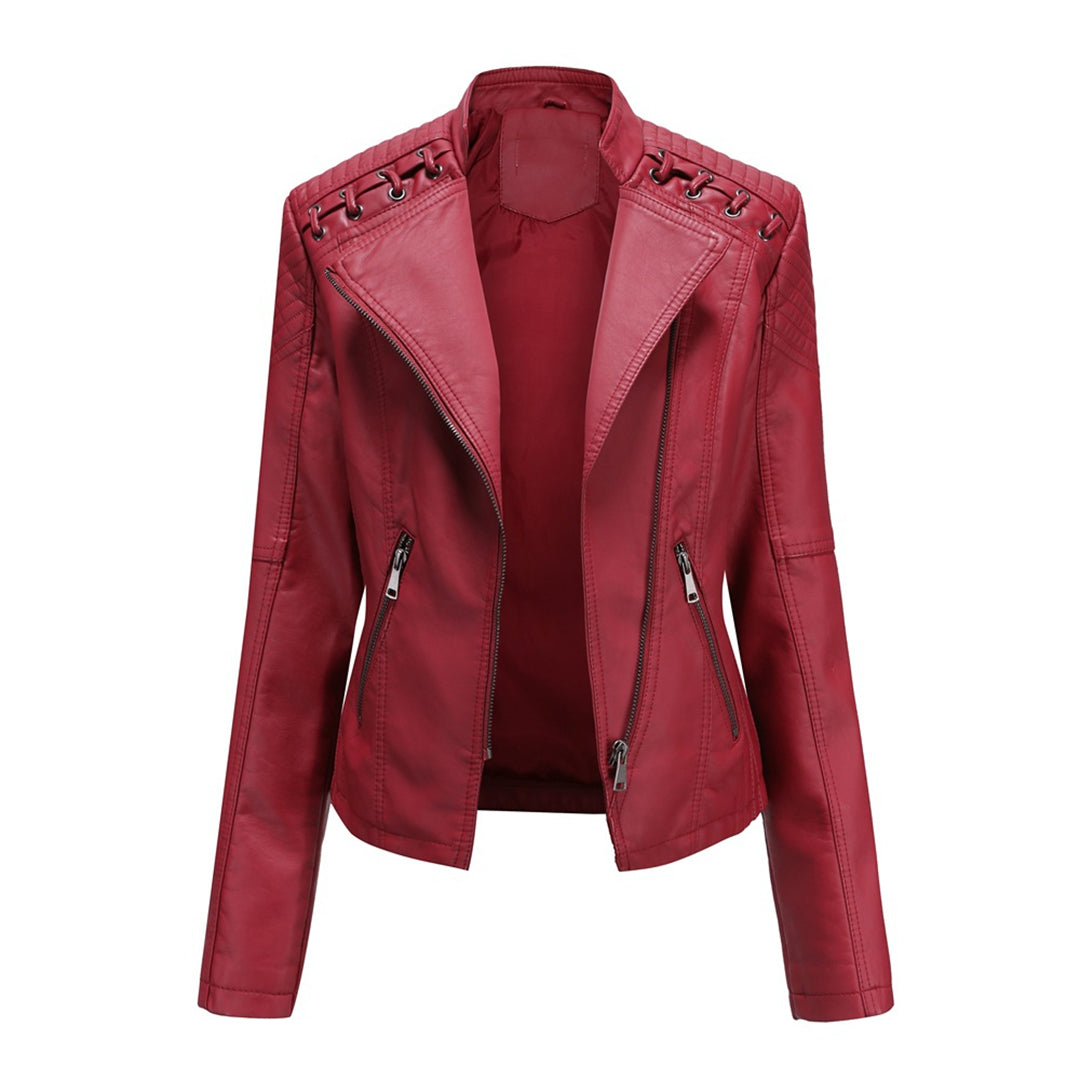 Women'S Faux Leather Biker Jacket – Zip-Up Front – Lace Shoulder Detail – Long Sleeves