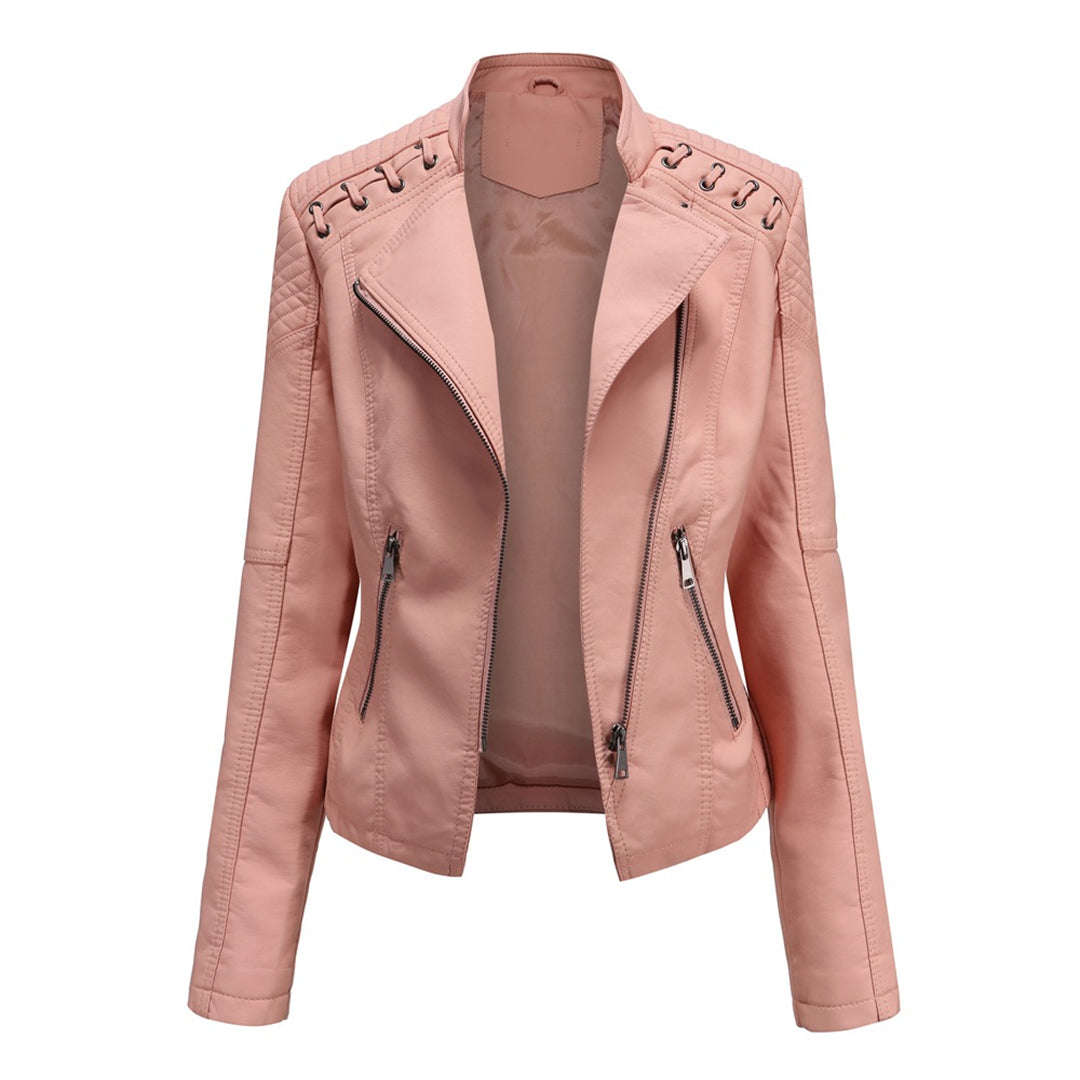 Women'S Faux Leather Biker Jacket – Zip-Up Front – Lace Shoulder Detail – Long Sleeves