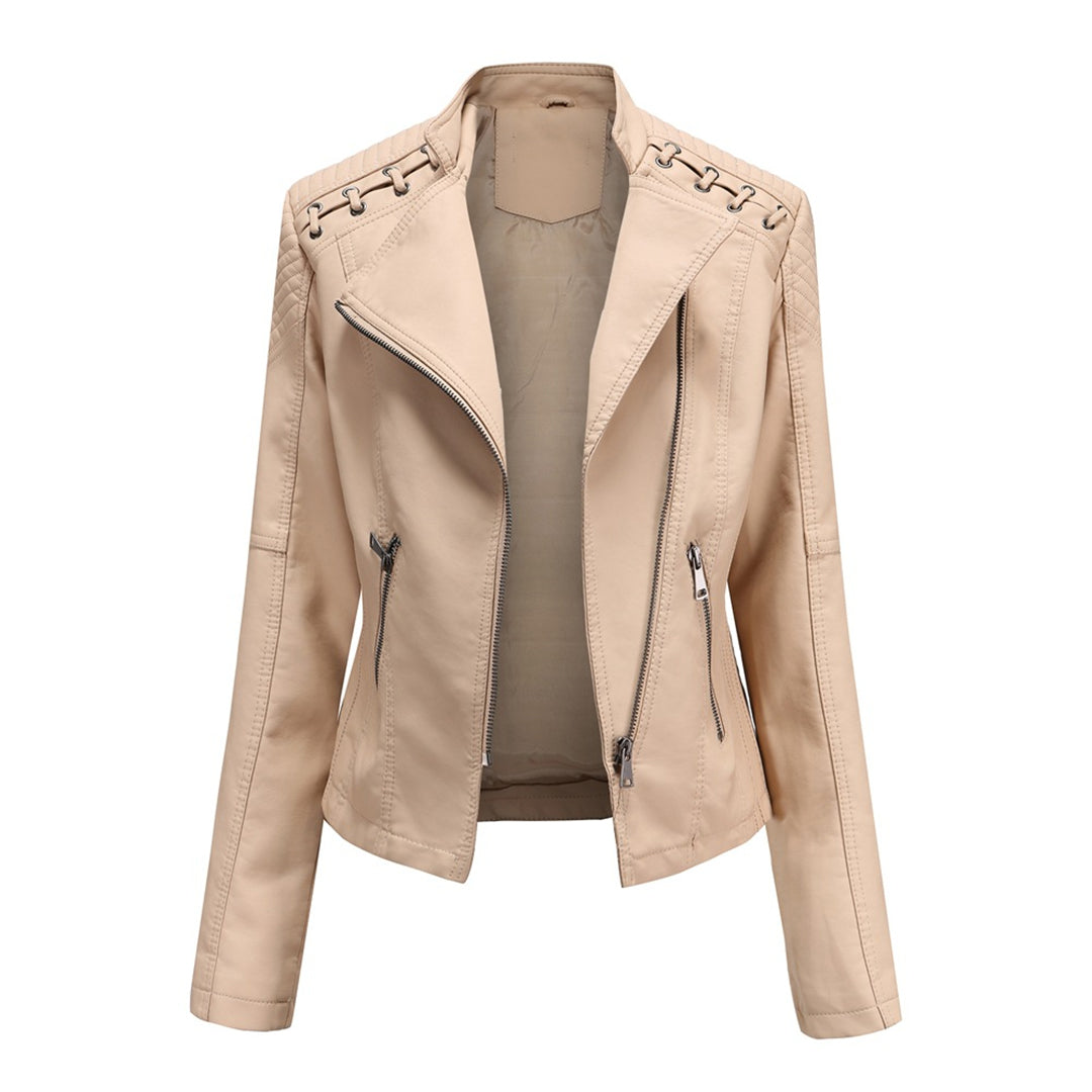 Women'S Faux Leather Biker Jacket – Zip-Up Front – Lace Shoulder Detail – Long Sleeves