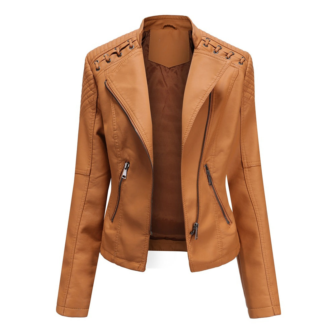 Women'S Faux Leather Biker Jacket – Zip-Up Front – Lace Shoulder Detail – Long Sleeves