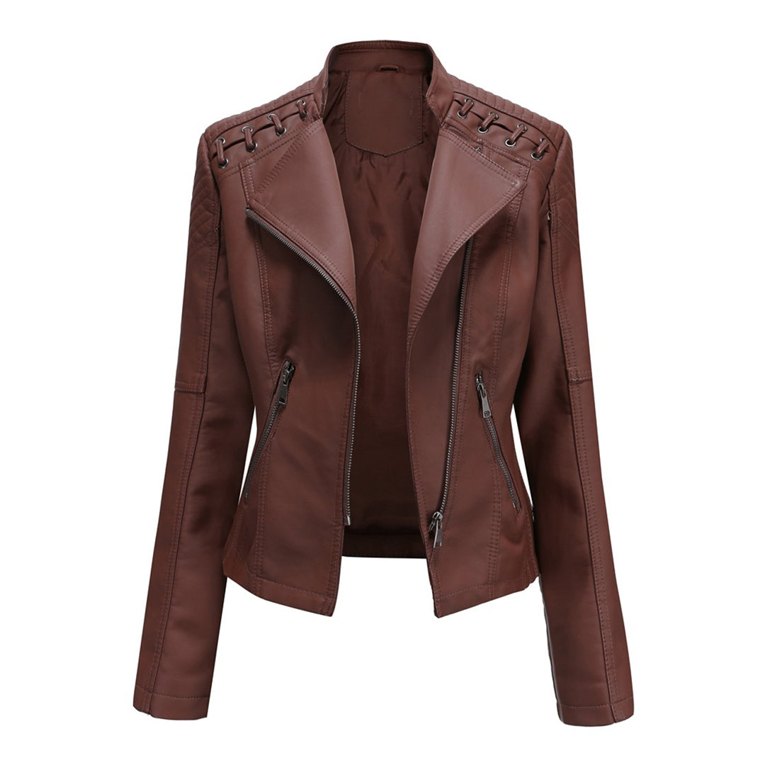 Women'S Faux Leather Biker Jacket – Zip-Up Front – Lace Shoulder Detail – Long Sleeves
