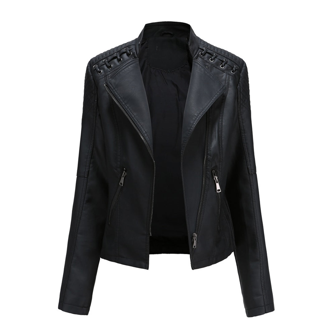 Women'S Faux Leather Biker Jacket – Zip-Up Front – Lace Shoulder Detail – Long Sleeves