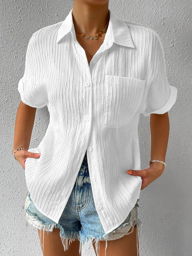 Women'S Short Sleeve Blouse – Button-Up Front – Textured Cotton Blend – S To 2Xl – 6 Colours