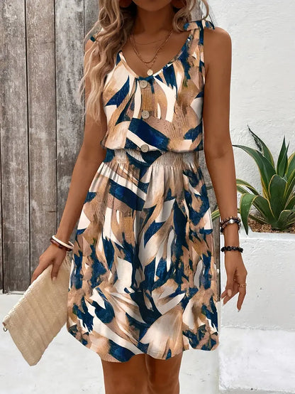 Ladies' casual midi dress sleeveless blue abstract print - ideal for summer outings