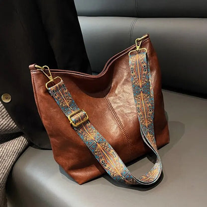 Leather Handbag - Chic Ladies Shoulder Bag With Patterned Strap