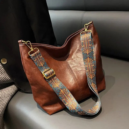 Leather Handbag - Chic Ladies Shoulder Bag With Patterned Strap