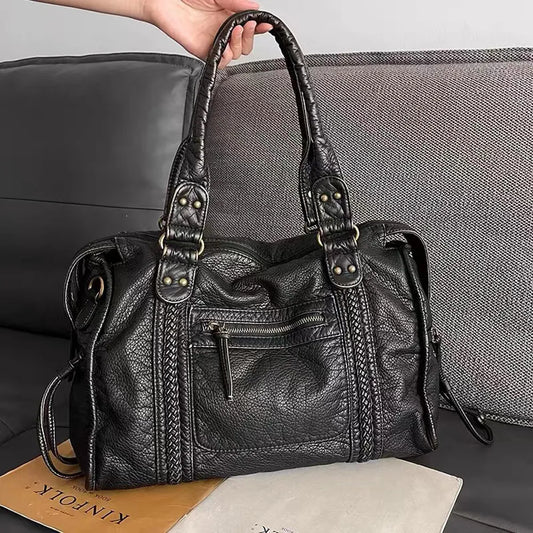 Leather handbag - Black ladies bag with versatile design