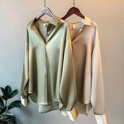 Satin Ladies Blouse - Button-Up Top With Long Sleeves