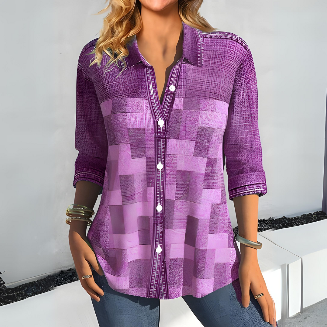 Women'S Button-Up Blouse With Textured Pattern – Long Sleeves – Available In Brown, Green, Purple