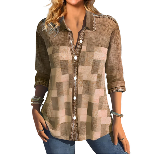 Women'S Button-Up Blouse With Textured Pattern – Long Sleeves – Available In Brown, Green, Purple