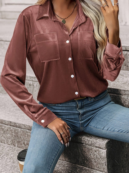 Women'S Chestnut Brown Satin Blouse – Long Sleeves – Button-Up Front – Double Chest Pockets