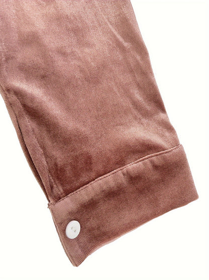 Women'S Chestnut Brown Satin Blouse – Long Sleeves – Button-Up Front – Double Chest Pockets