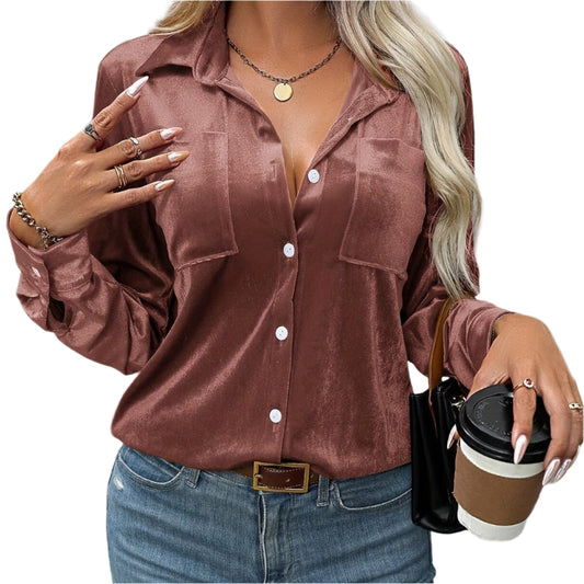 Women'S Chestnut Brown Satin Blouse – Long Sleeves – Button-Up Front – Double Chest Pockets