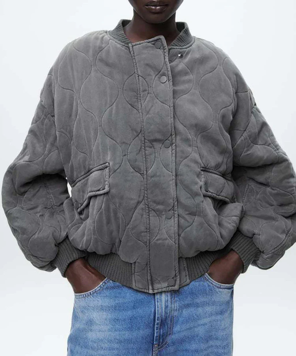 Women'S Oversized Quilted Bomber Jacket – Snap Button Front – Grey – Long Sleeve Outerwear