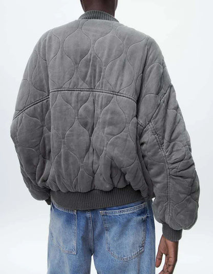 Women'S Oversized Quilted Bomber Jacket – Snap Button Front – Grey – Long Sleeve Outerwear