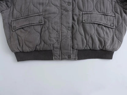 Women'S Oversized Quilted Bomber Jacket – Snap Button Front – Grey – Long Sleeve Outerwear