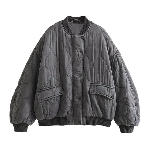 Women'S Oversized Quilted Bomber Jacket – Snap Button Front – Grey – Long Sleeve Outerwear
