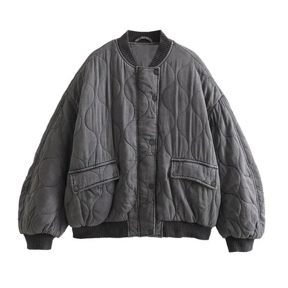 Women'S Oversized Quilted Bomber Jacket – Snap Button Front – Grey – Long Sleeve Outerwear