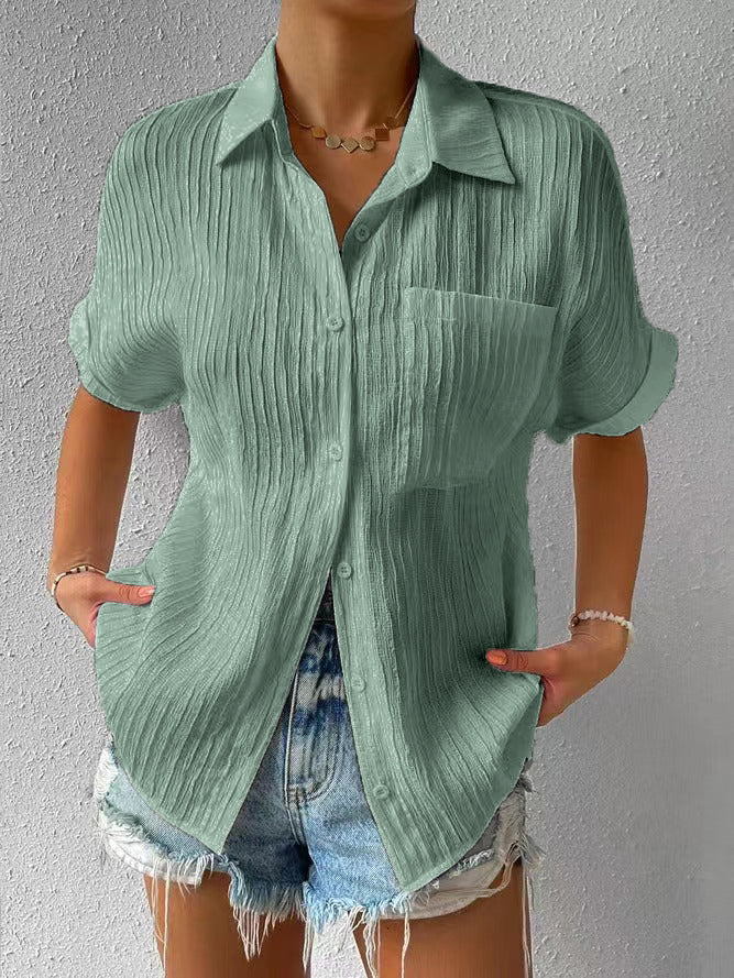 Women'S Short Sleeve Blouse – Button-Up Front – Textured Cotton Blend – S To 2Xl – 6 Colours
