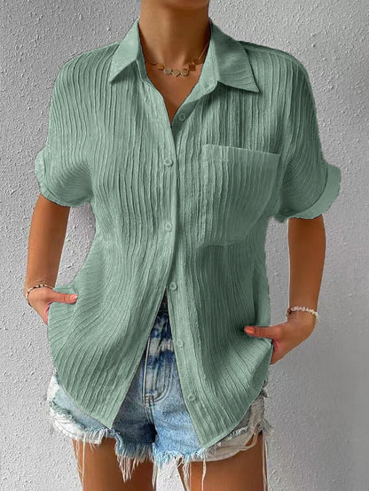 Women'S Short Sleeve Blouse – Button-Up Front – Textured Cotton Blend – S To 2Xl – 6 Colours