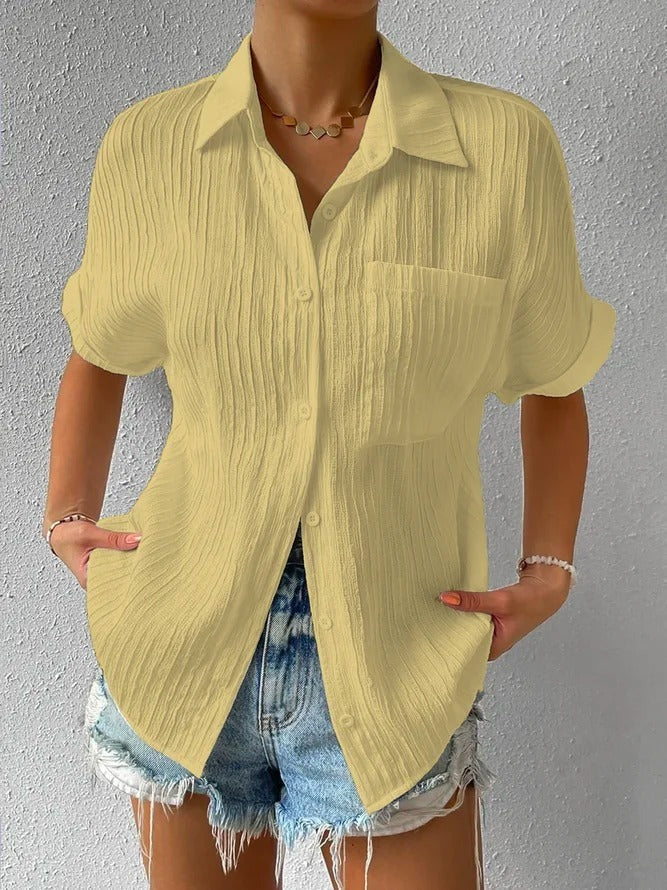 Women'S Short Sleeve Blouse – Button-Up Front – Textured Cotton Blend – S To 2Xl – 6 Colours