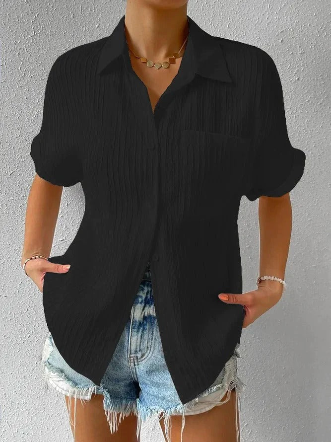 Women'S Short Sleeve Blouse – Button-Up Front – Textured Cotton Blend – S To 2Xl – 6 Colours