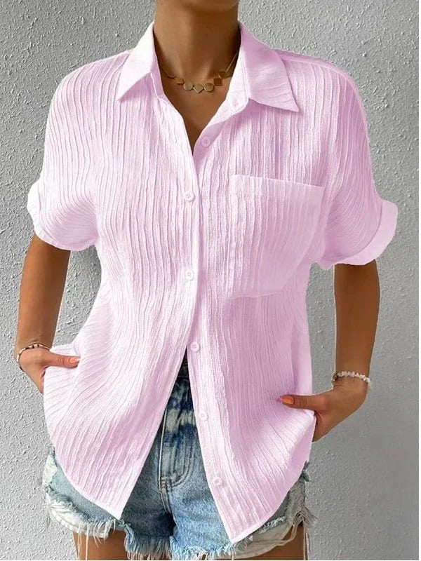 Women'S Short Sleeve Blouse – Button-Up Front – Textured Cotton Blend – S To 2Xl – 6 Colours