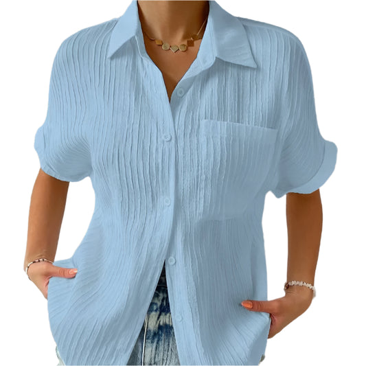 Women'S Short Sleeve Blouse – Button-Up Front – Textured Cotton Blend – S To 2Xl – 6 Colours