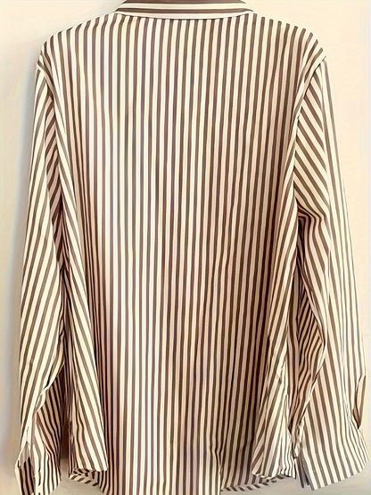 Women'S Striped Satin Blouse – Long Sleeves – Button-Up Front – Available In Beige And Blue