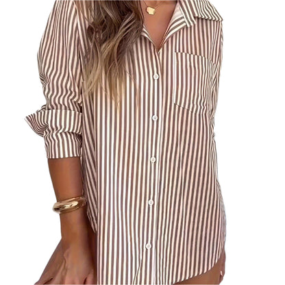 Women'S Striped Satin Blouse – Long Sleeves – Button-Up Front – Available In Beige And Blue